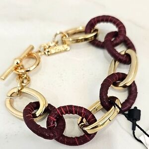 WHBM Genuine Leather Wrapped & Faux Gold Chain Link Bracelet Western Rustic